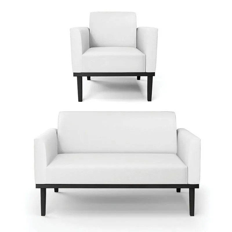 Conjunto Poltrona E Namoradeira Decorativa Pés Fixo Em Madeira Preto Pu Branco