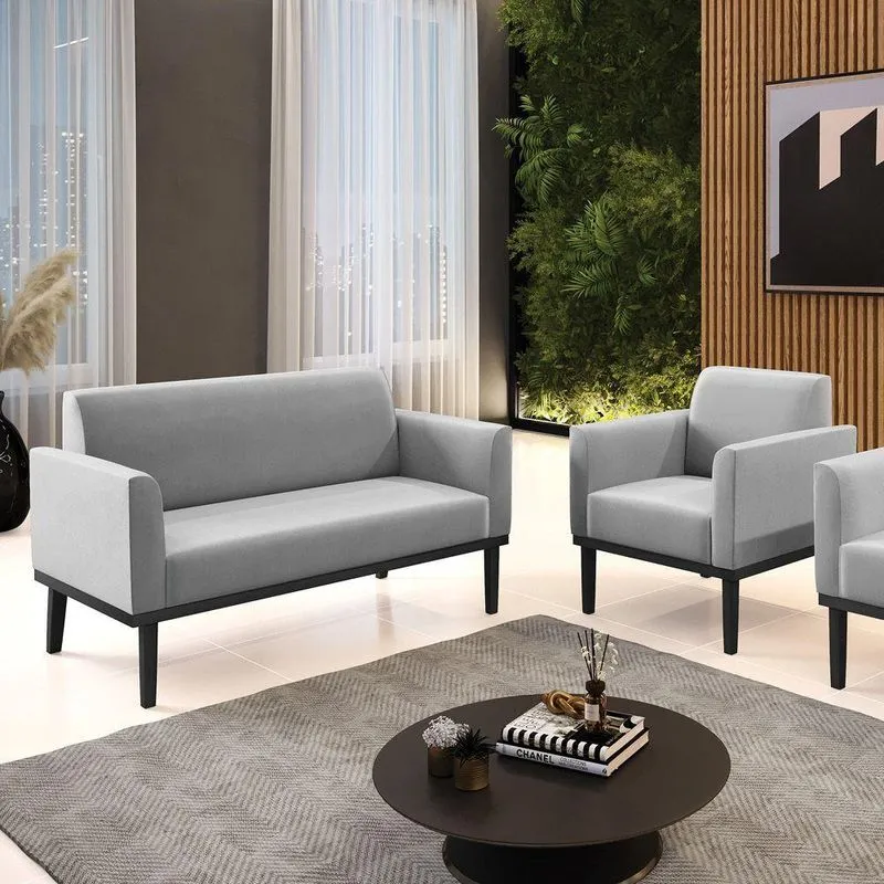 Conjunto Poltrona E Namoradeira Decorativa Pés Fixo Em Madeira Preto Suede Cinza