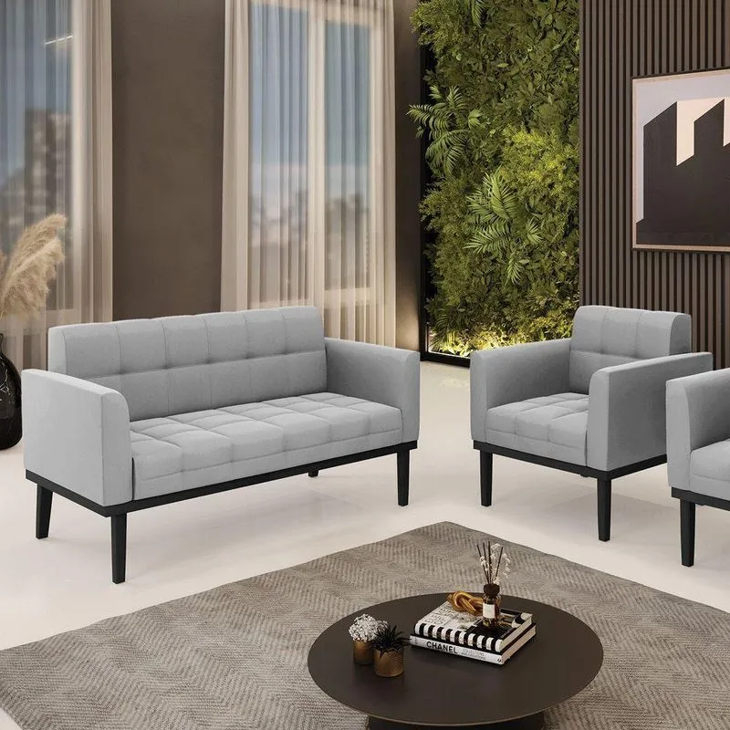 Conjunto Poltrona E Namoradeira Decorativa Pés Fixo Em Madeira Preto Suede Cinza