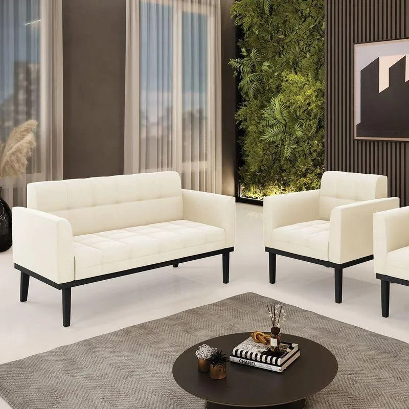 Conjunto Poltrona E Namoradeira Decorativa Pés Fixo Em Madeira Preto Veludo Bege