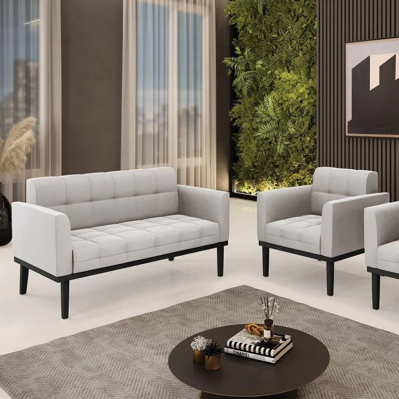 Conjunto Poltrona E Namoradeira Decorativa Pés Fixo Em Madeira Preto Veludo Cinza