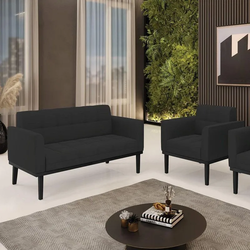Conjunto Poltrona E Namoradeira Decorativa Pés Fixo Em Madeira Preto Veludo Preto