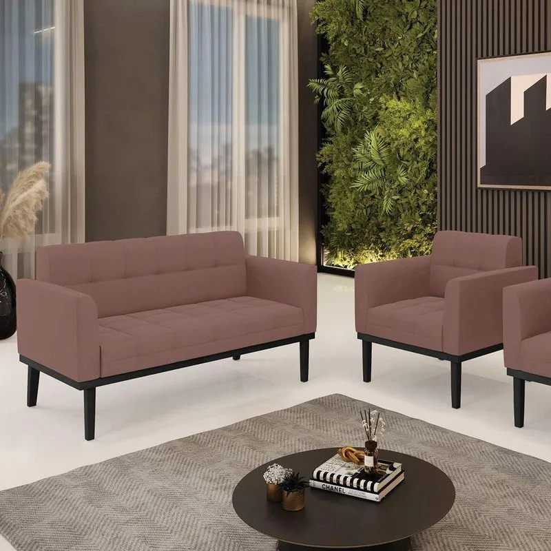 Conjunto Poltrona E Namoradeira Decorativa Pés Fixo Em Madeira Preto Veludo Rose