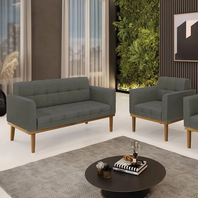 Conjunto Poltrona E Namoradeira Decorativas Pés Fixo Em Madeira Castanho Linho Cinza Mesclado