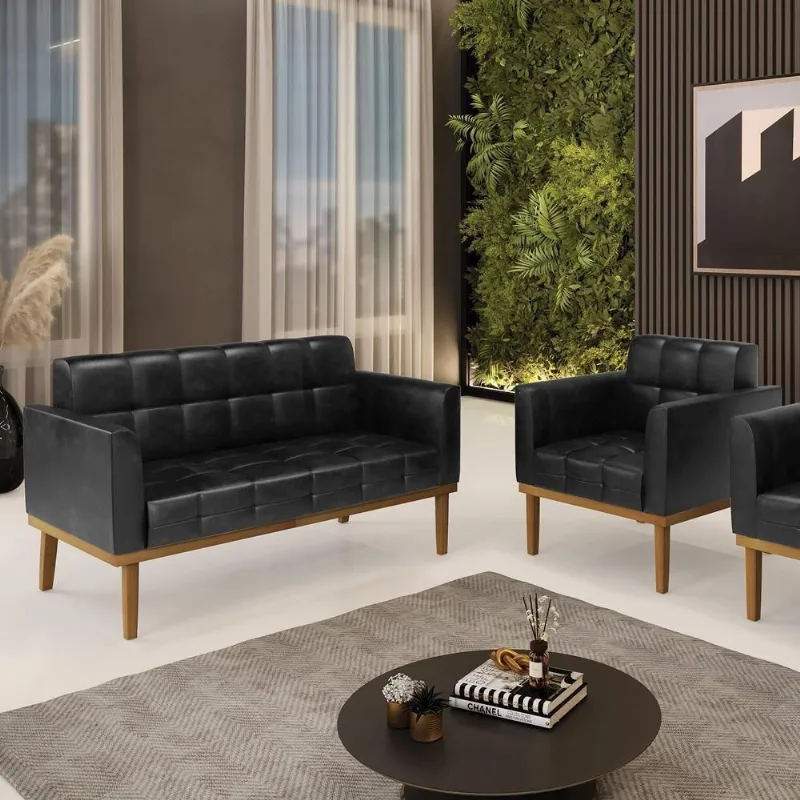 Conjunto Poltrona e Namoradeira Karen PU Preto Brilho Pés Madeira Gran Belo