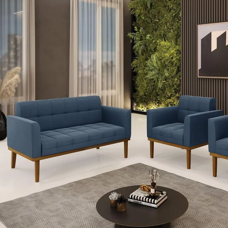 Conjunto Poltrona E Namoradeira Decorativas Pés Fixo Em Madeira Castanho Suede Azul Marinho