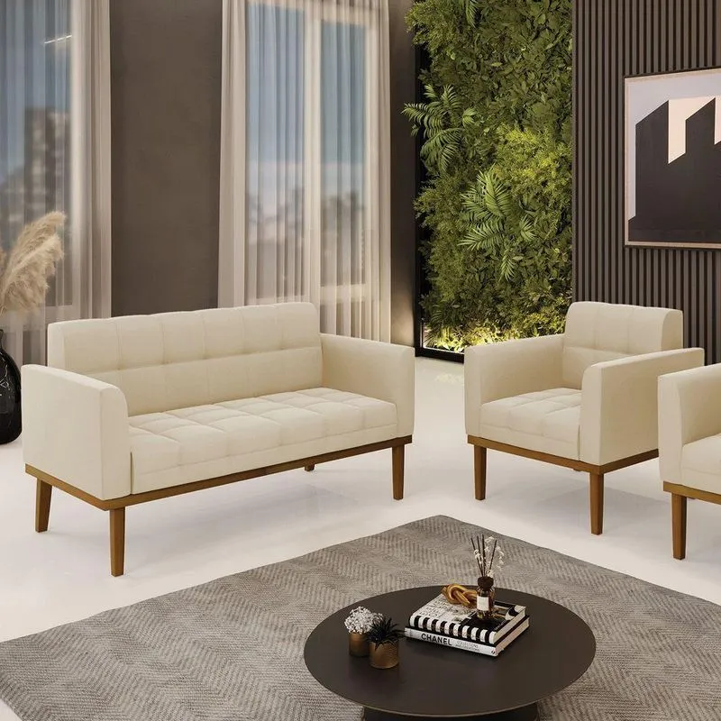 Conjunto Poltrona E Namoradeira Decorativas Pés Fixo Em Madeira Castanho Suede Bege