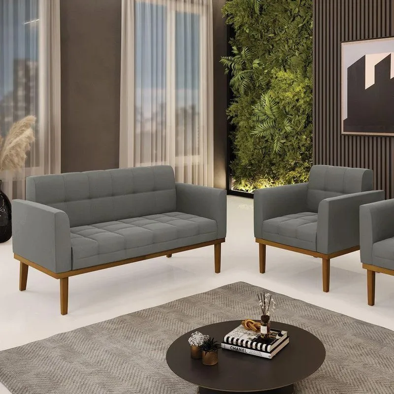 Conjunto Poltrona E Namoradeira Decorativas Pés Fixo Em Madeira Castanho Suede Grafite