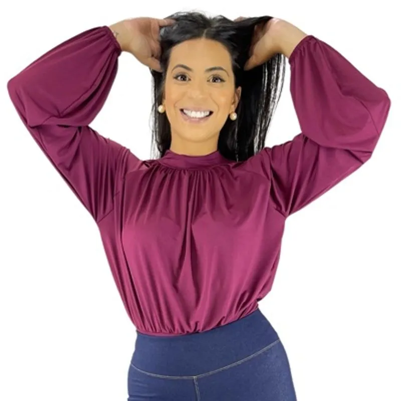 Body Feminino Manga Bufante Longa Sem Bojo Drapeado