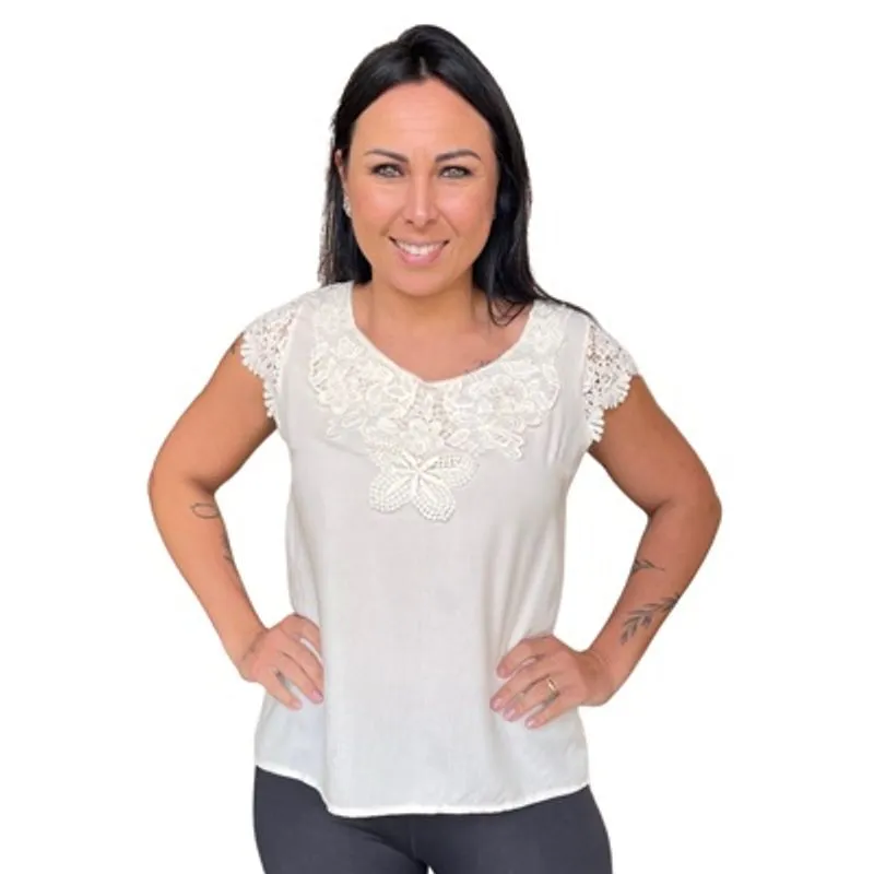 Blusa Feminina Social Manga Curta Renda Moda Evangelica