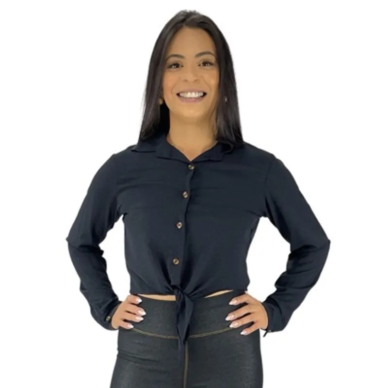 Camisa Cropped Blusinha Feminina Manga Longa Botão Amarração