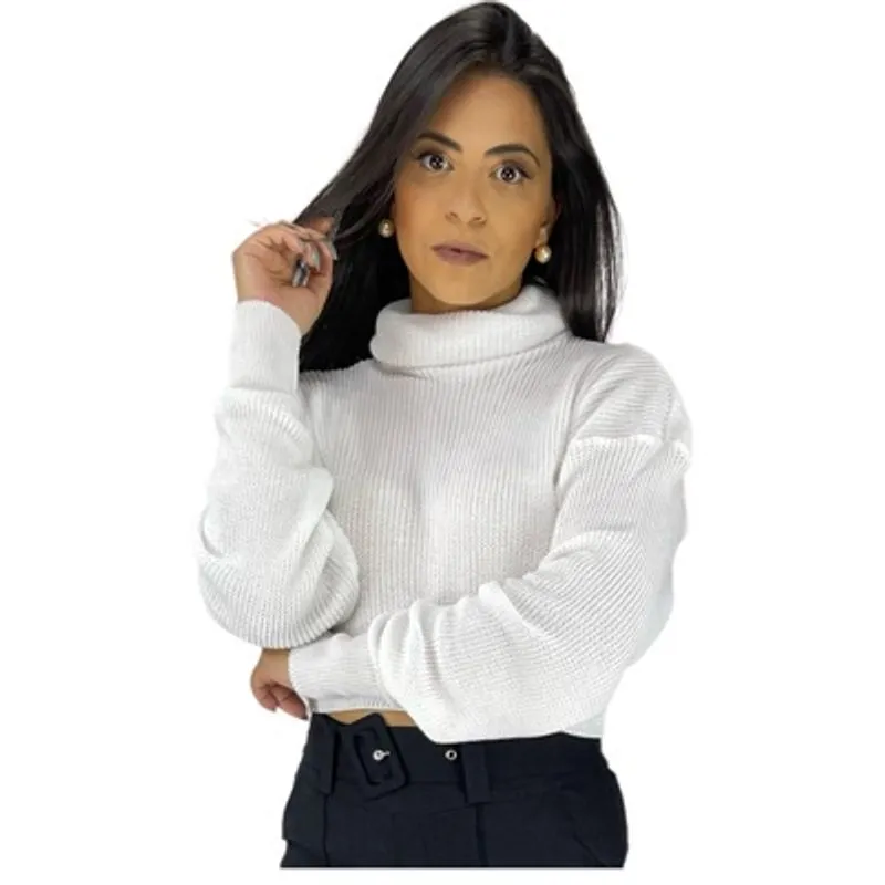 Blusa Feminina Cropped Tricot Gola Alta Manga Longa