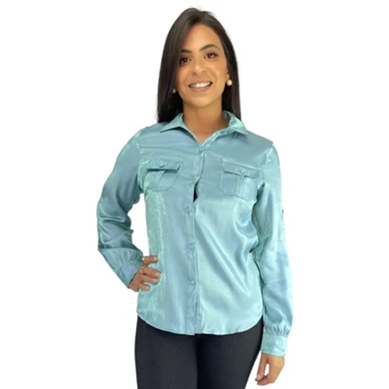 Camisa Social Feminina Manga Longa Furta-cor Acetinado