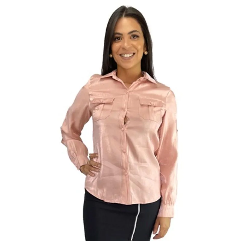 Camisa Social Feminina Manga Longa Furta-cor Acetinado