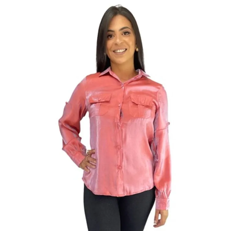 Camisa Social Feminina Manga Longa Furta-cor Acetinado