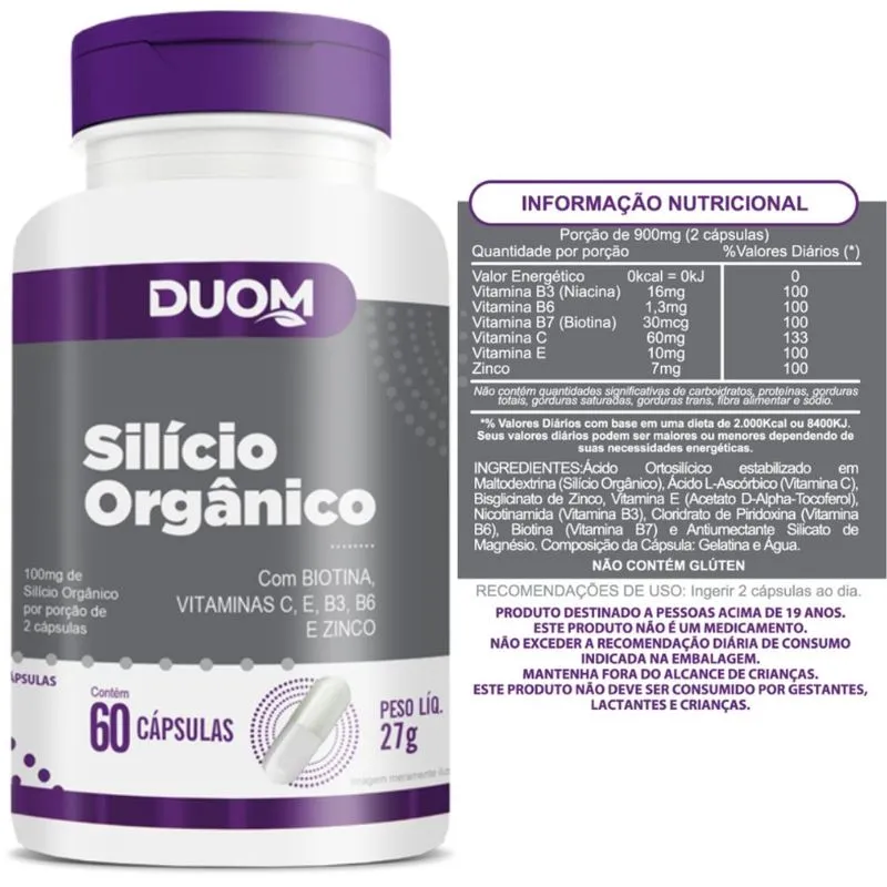 60 Cápsulas Silicio Organico Biotina Vitaminas C E B3/b6 Zinco