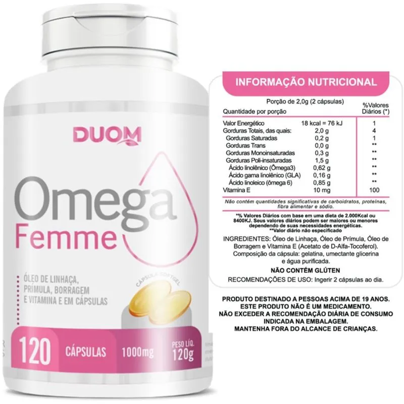 Omega Femme - Borragem Prímula Vitamina E 120 Cápsulas - Duom