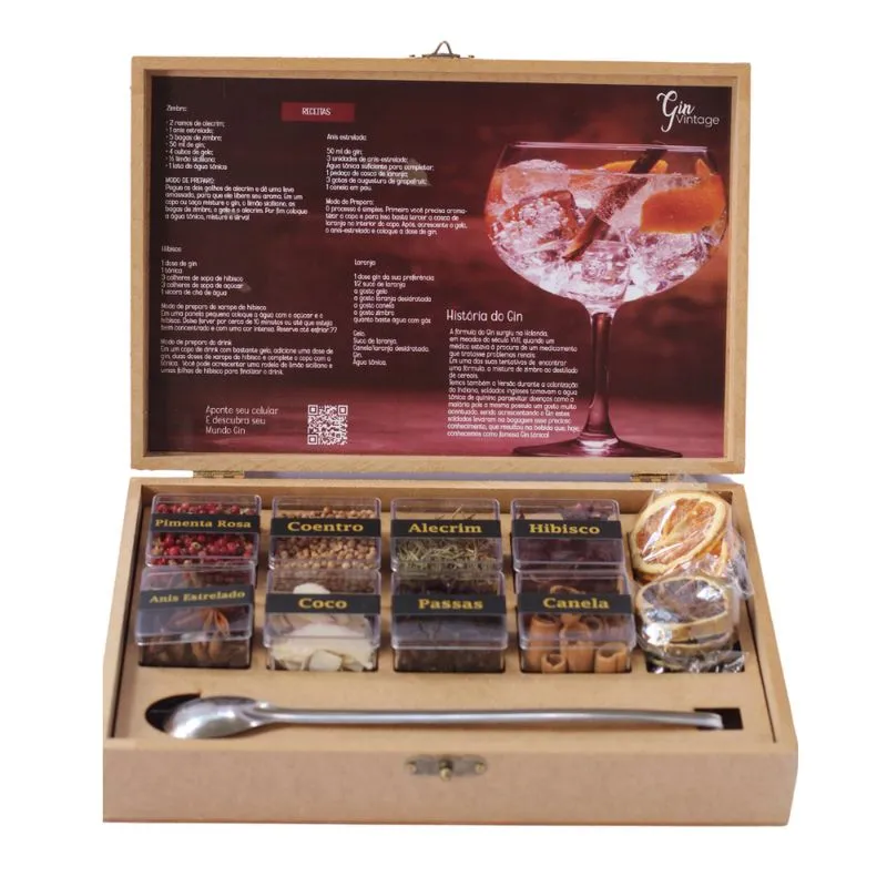 Kit 8 Especiarias Gin Caixa De Madeira C/ Colher Dosadora
