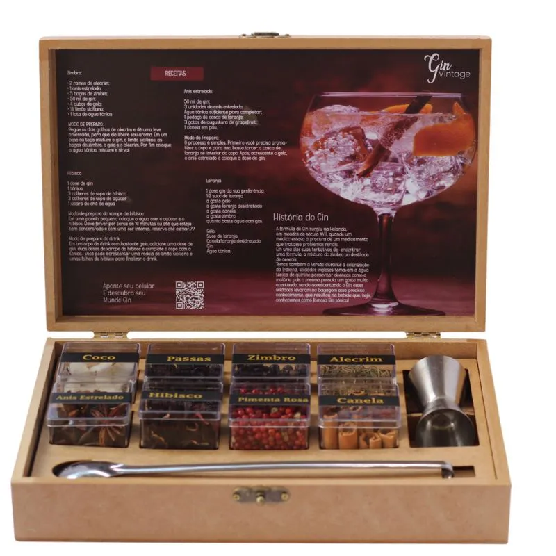 Caixa De Madeira 8 Especiarias Colher E Copo Dosador Premium