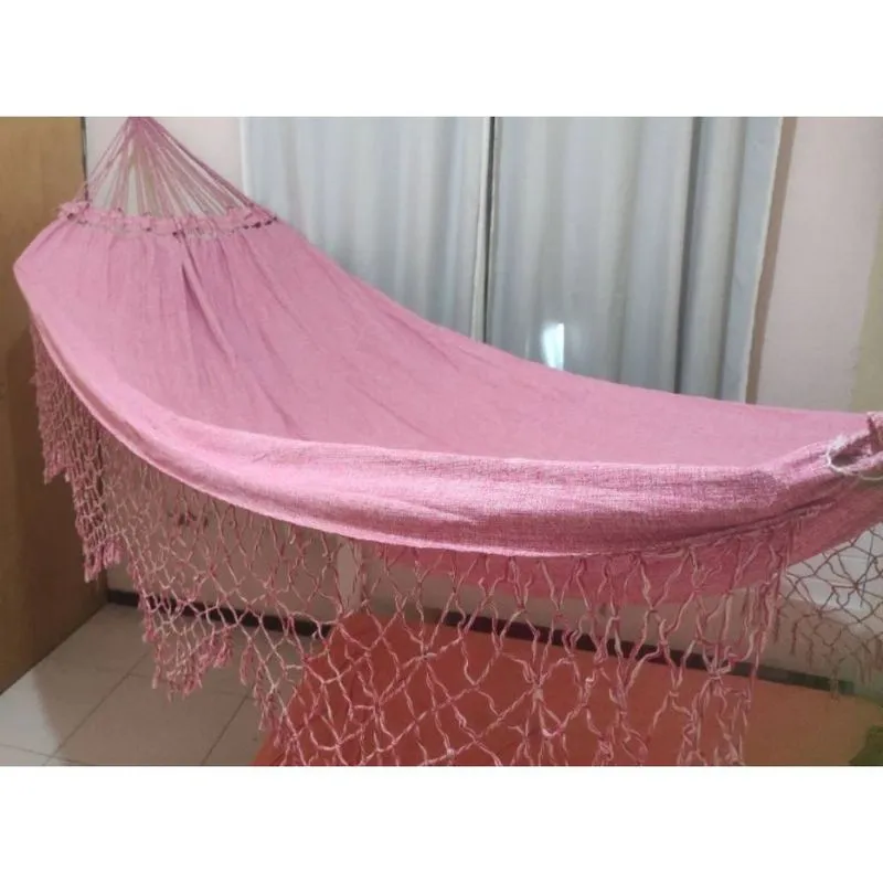 Rede Descanso Casal Grande G Jeans Liso Rosa Com Babado