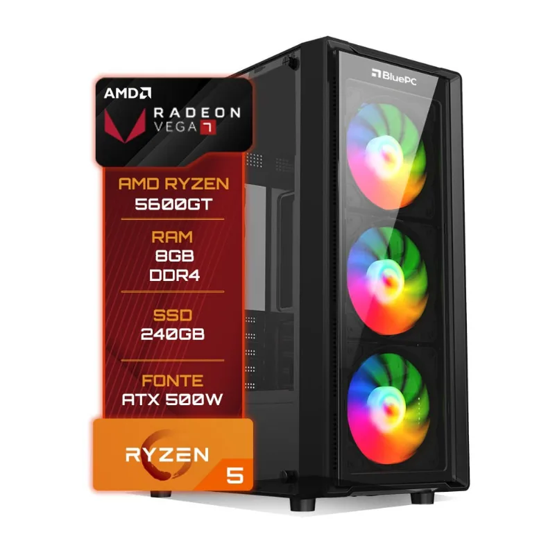 Pc Gamer BluePC Amd Ryzen 5 5600gt 8gb Ddr4 Ssd 240gb Vega 7 - Fonte 500w