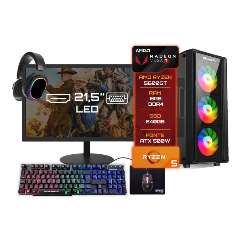 Pc Gamer Completo BluePC Amd Ryzen 5 5600gt 8gb Ddr4 Ssd 240gb Vega 7 Monitor 21 - Kit Gamer Teclado Mouse Headset