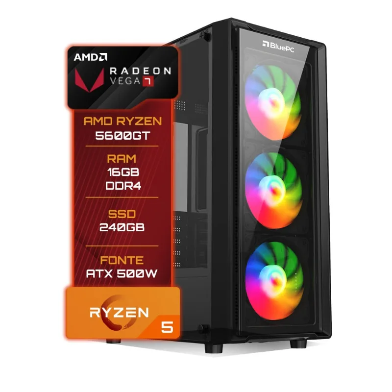Pc Gamer BluePC Amd Ryzen 5 5600gt 16gb Ddr4 Ssd 240gb Vega 7 - Fonte 500w