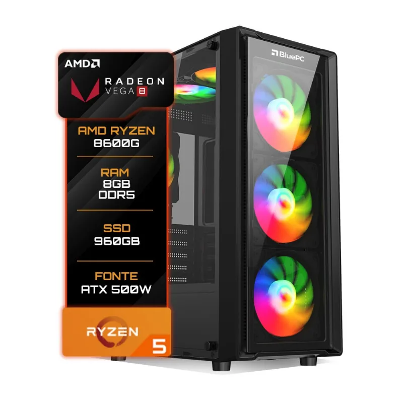 Pc Gamer BluePC Amd Ryzen 5 8600g 8gb Ddr5 Ssd 960gb - Fonte 500w