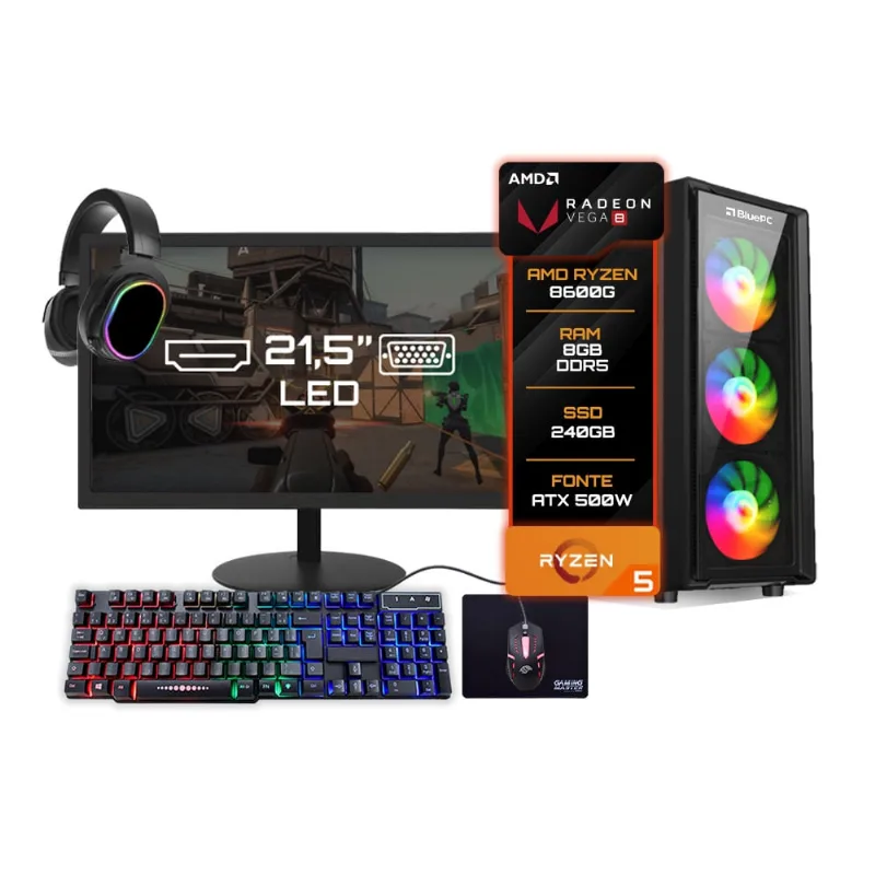 Pc Gamer Completo BluePC Amd Ryzen 5 8600g 8gb Ddr5 Ssd 240gb Monitor 21 - Kit Gamer Teclado Mouse Headset