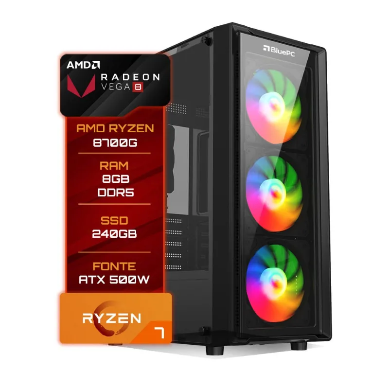 Pc Gamer Bluepc Amd Ryzen 7 8700g 8gb Ddr5 Ssd 240gb Vega 8 - Fonte 500w