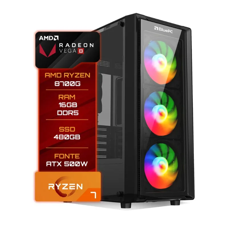 Pc Gamer Bluepc Amd Ryzen 7 8700g 16gb Ddr5 Ssd 480gb Vega 8 - Fonte 500w