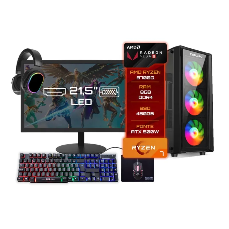 Pc Gamer Completo Bluepc Amd Ryzen 7 8700g 8gb Ddr5 Ssd 480gb Vega 8 Monitor 21 - Kit Gamer Teclado Mouse Headset