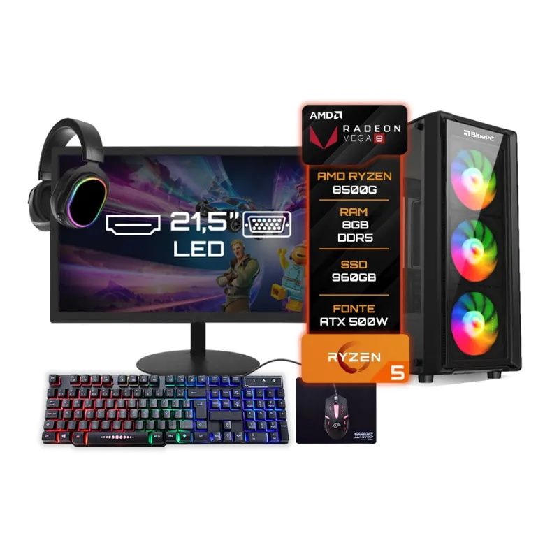 Pc Gamer Completo Bluepc Amd Ryzen 5 8500g 8gb Ddr5 Ssd 960gb Monitor 21 - Kit Gamer Teclado Mouse Headset