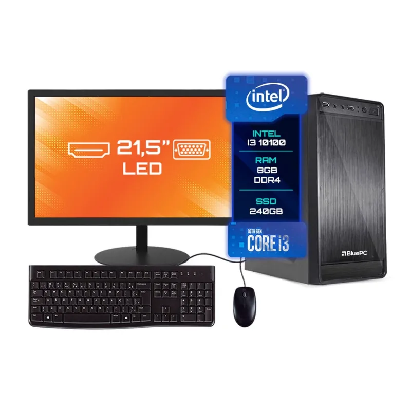Computador Completo BluePC Intel Core I3 10100 (10ª Geração) 8gb Ssd 240gb - Monitor 21