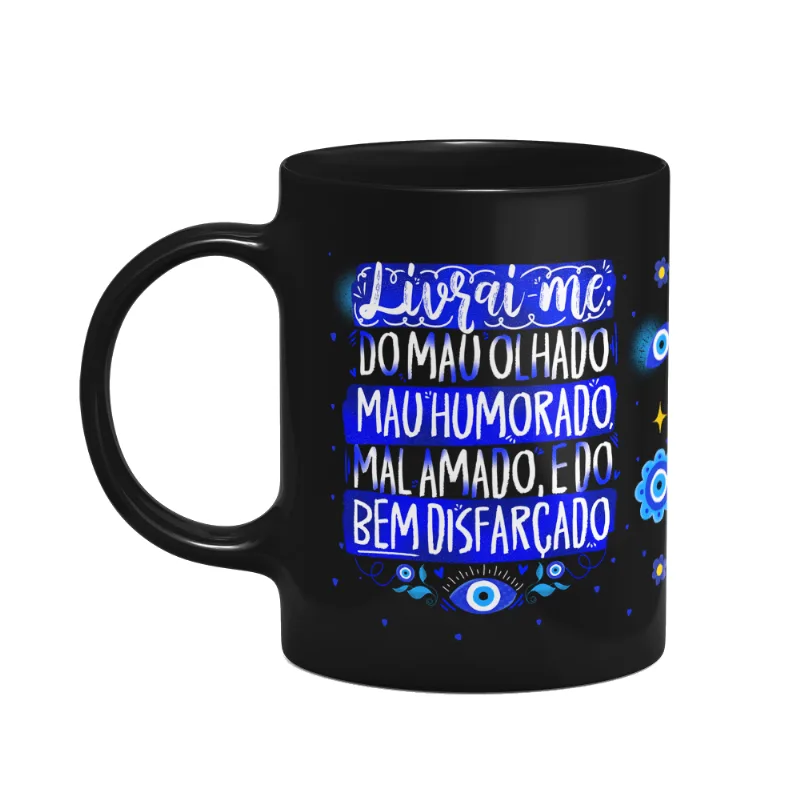 Caneca Proteção Olho Grego - Livrai-me Do Mal - Preta