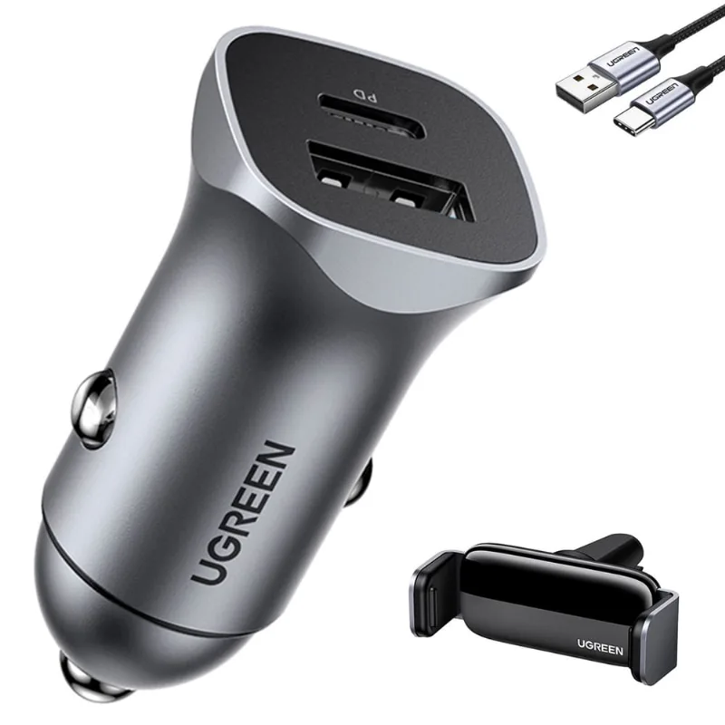 Carregador Veiculo Ugreen Usb a/c 30W + Suporte + Cabo Usb-C (K-4758-3710-3027)