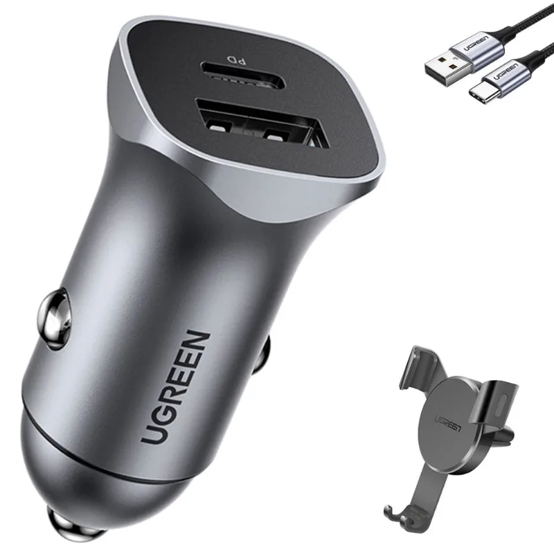 Carregador Veiculo Ugreen Usb a/c 30W + Suporte + Cabo Usb C (K-4758-4681-3027)