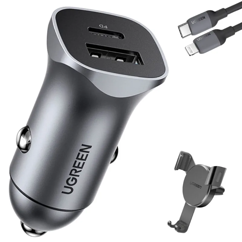 Carregador Veiculo Ugreen Usb a/c 30W + Suporte + Cabo Lightning (K-4758-4681-4737)