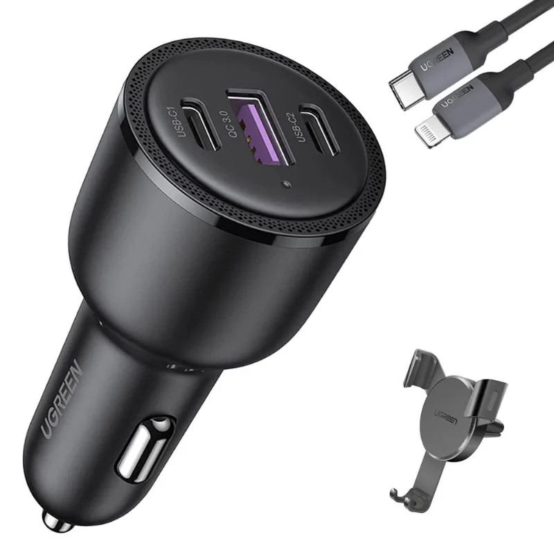 Carregador Veiculo Ugreen Usb a/c 65W + Suporte + Cabo Lightning (K-4575-4681-4737)