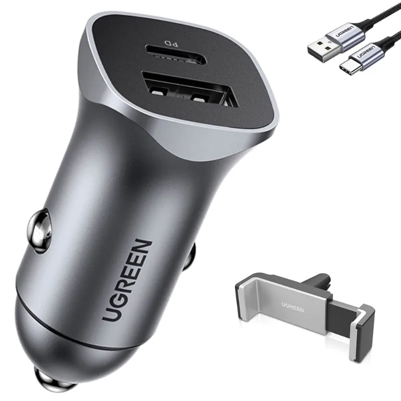 Carregador Veiculo Ugreen Usb a/c 30W + Suporte + Cabo Usb C (K-4758-4698-3027)