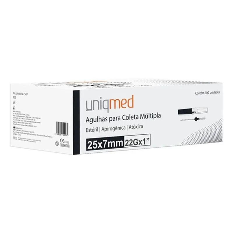 Kit 200un Agulha Para Coleta Multipla 25x7mm 22g Uniqmed