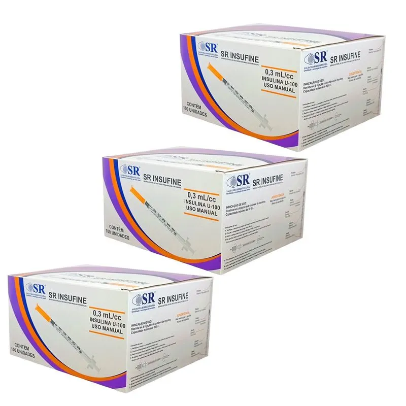 Kit 300UN seringa insulina 0,3ML 6X0,25MM agulha fixa 31G sr