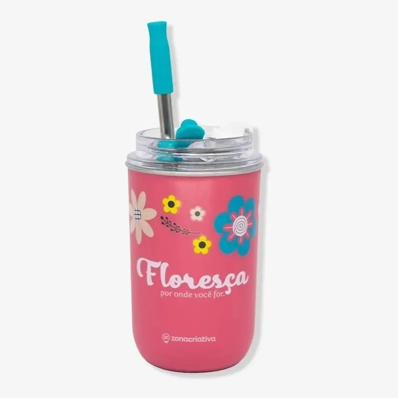 COPO NEO C/CANUDO AMIGAS FLORAL - Manaia Presentes