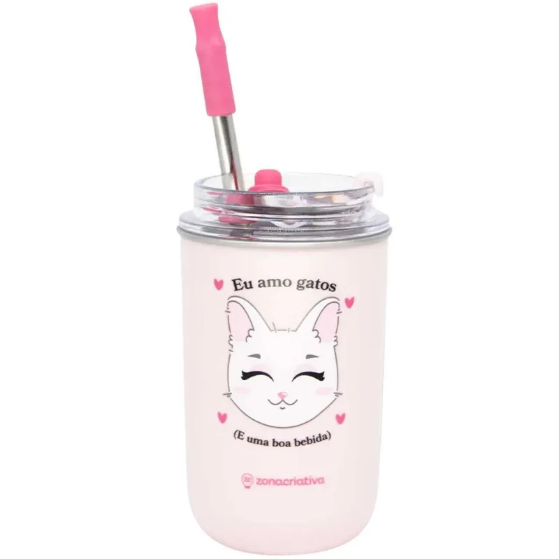 Copo C/ Canudo Eu Amo Gatos 300ml em Inox Zona Criativa