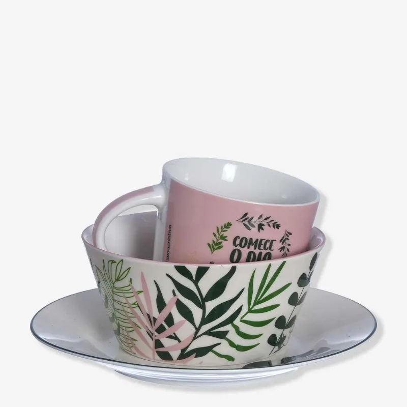 Kit Refeição Cerâmica Bowl, Caneca E Prato Jardim