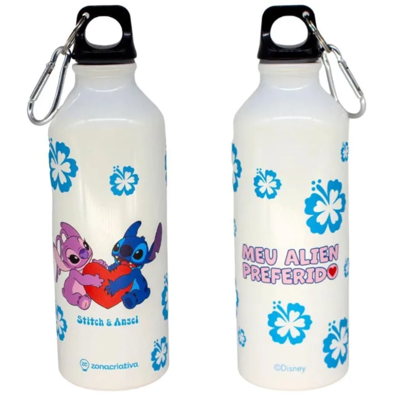 Garrafa Aluminio Mosquetão Prendedor Stitch Branco 500 Ml