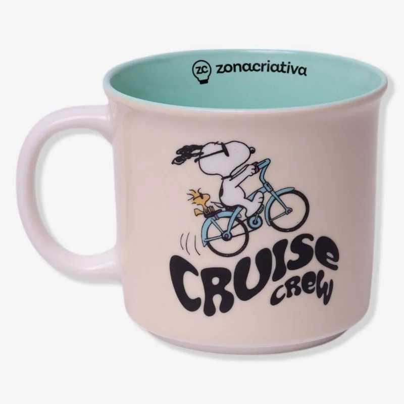 Caneca Tom Snoopy Bicicleta em Cerâmica 350ML Branco Zonacriativa