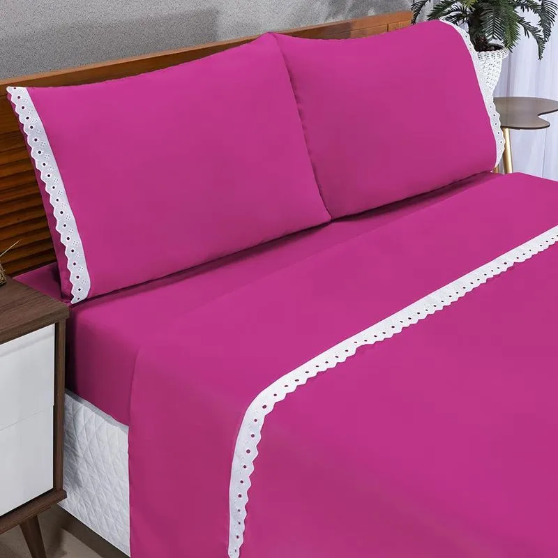 Jogo De Lençol Casal Padrão Microfibra Lese 04 Peças Pink