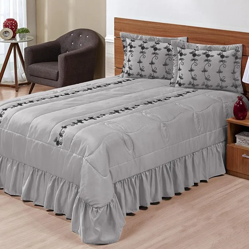 Kit Cobre Leito Casal King Lisse 03 Peças Colcha Cinza