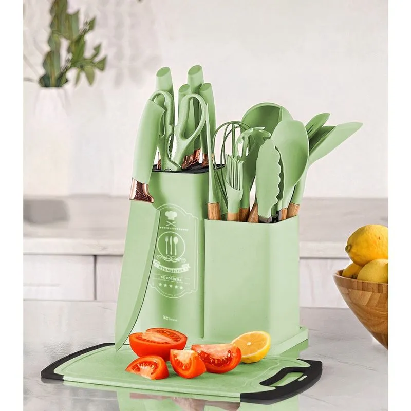 Conjunto Utensilios California 19 Pecas em Silicone Verde Claro 7628 Kehome